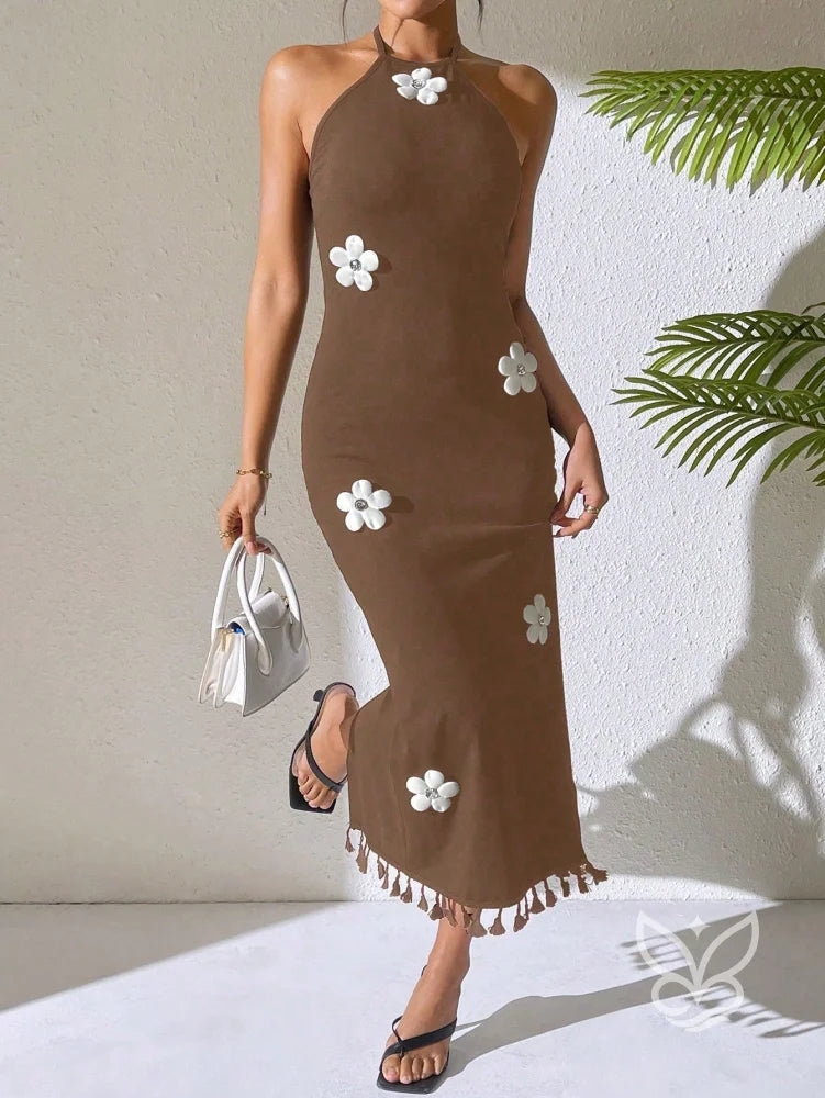 Vestido Sem Manga Decote Decorado E Modelagem Acinturada Café / PP Vestido Sem Manga Decote Decorado E Modelagem