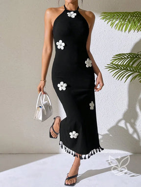 Vestido Sem Manga Decote Decorado E Modelagem Acinturada Preto / PP Vestido Sem Manga Decote Decorado E Modelagem