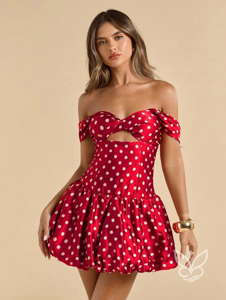 Vestido Slim Retro Estampa Poá Ombro A Ombro E Saia Bufante Vermelho / PP Vestido Slim Retro Estampa Poá Ombro A Ombro
