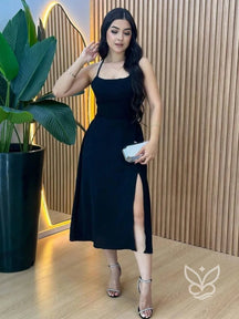 Vestido Slip Dress Com Alças Finas E Fenda Frontal Preto / PP Vestido Slip Dress Com Alças Finas E Fenda Frontal