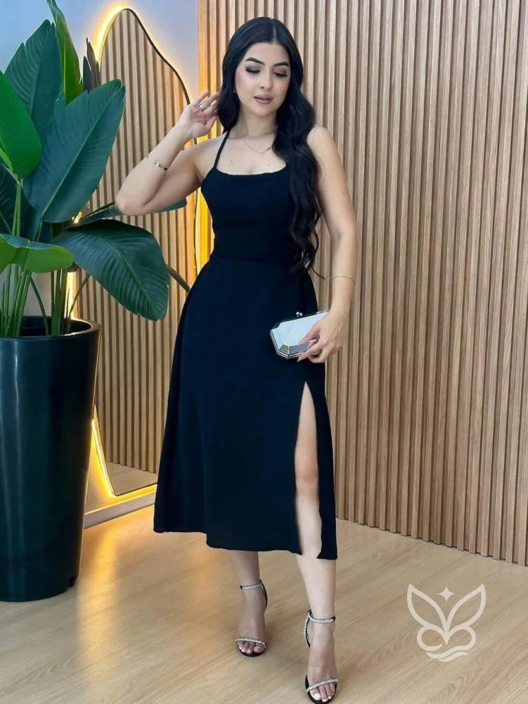 Vestido Slip Dress Com Alças Finas E Fenda Frontal Preto / PP Vestido Slip Dress Com Alças Finas E Fenda Frontal