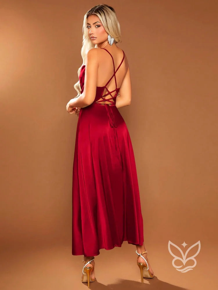 Vestido Slip Dress Em Cetim Com Fenda E Alças Finas Vestido Slip Dress Em Cetim Com Fenda E Alças Finas