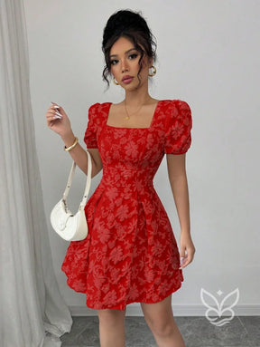 Vestido Texturizado Com Manga Bufante E Decote Quadrado Vestido Texturizado Com Manga Bufante E Decote Quadrado