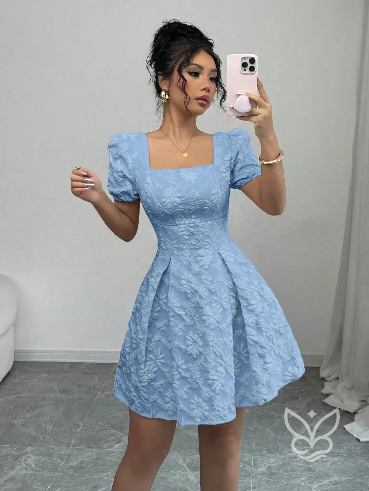 Vestido Texturizado Com Manga Bufante E Decote Quadrado Azul / PP Vestido Texturizado Com Manga Bufante E Decote