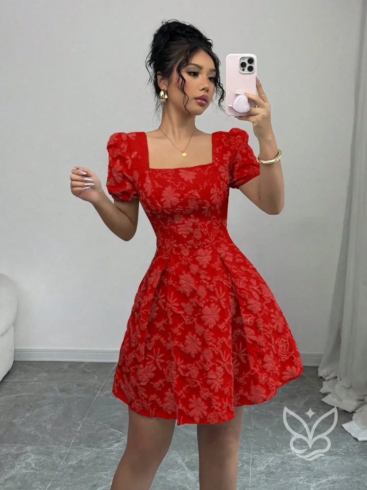 Vestido Texturizado Com Manga Bufante E Decote Quadrado Vermelho / PP Vestido Texturizado Com Manga Bufante E Decote