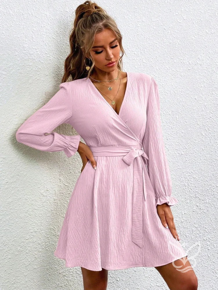 Vestido Transpassado Com Amarração E Mangas Longas Vestido Transpassado Com Amarração E Mangas Longas