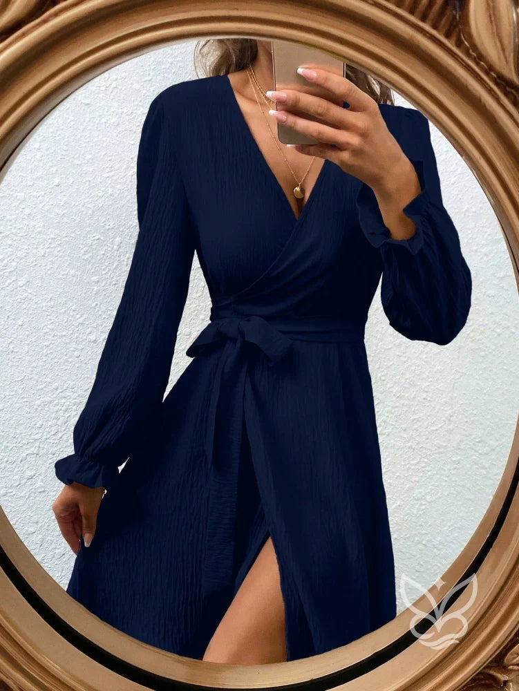 Vestido Transpassado Com Amarração E Mangas Longas Azul / PP Vestido Transpassado Com Amarração E Mangas Longas
