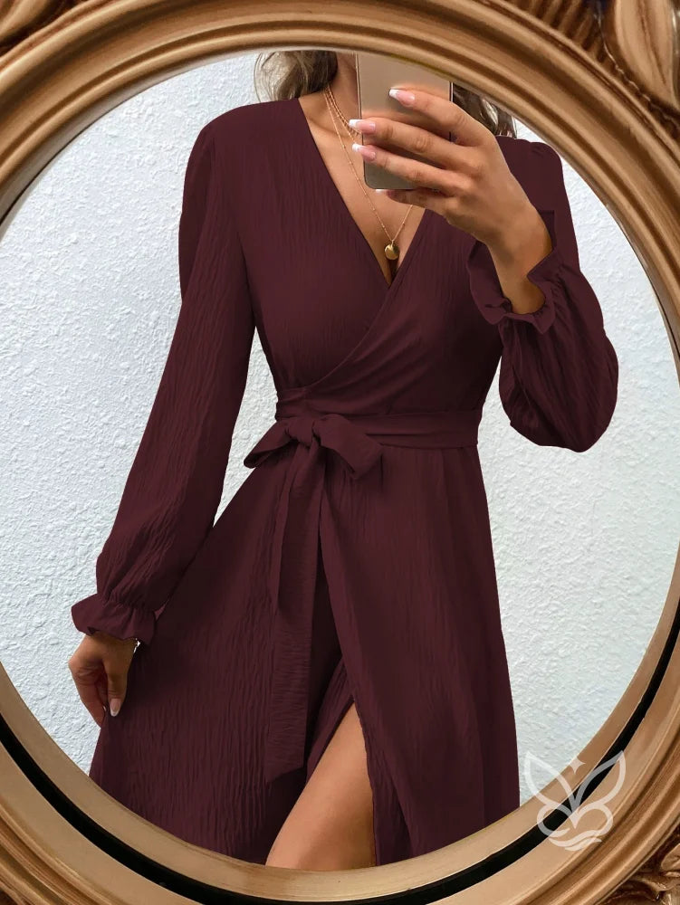 Vestido Transpassado Com Amarração E Mangas Longas bordô / PP Vestido Transpassado Com Amarração E Mangas Longas