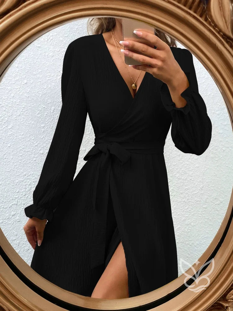Vestido Transpassado Com Amarração E Mangas Longas Preto / PP Vestido Transpassado Com Amarração E Mangas Longas