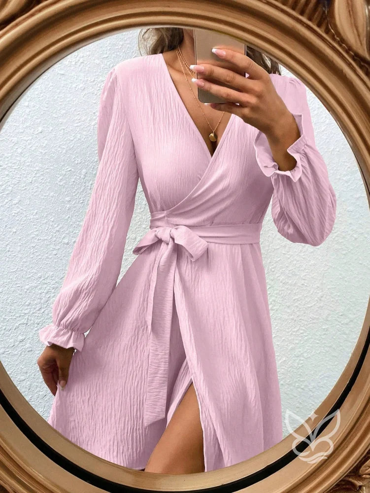 Vestido Transpassado Com Amarração E Mangas Longas Rosa Chiclete / PP Vestido Transpassado Com Amarração E Mangas Longas