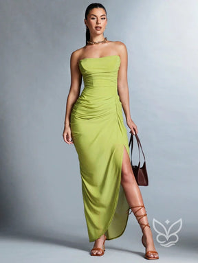 Vestido Tubinho Com Franzidos E Fenda Na Coxa Vestido Tubinho Com Franzidos E Fenda Na Coxa