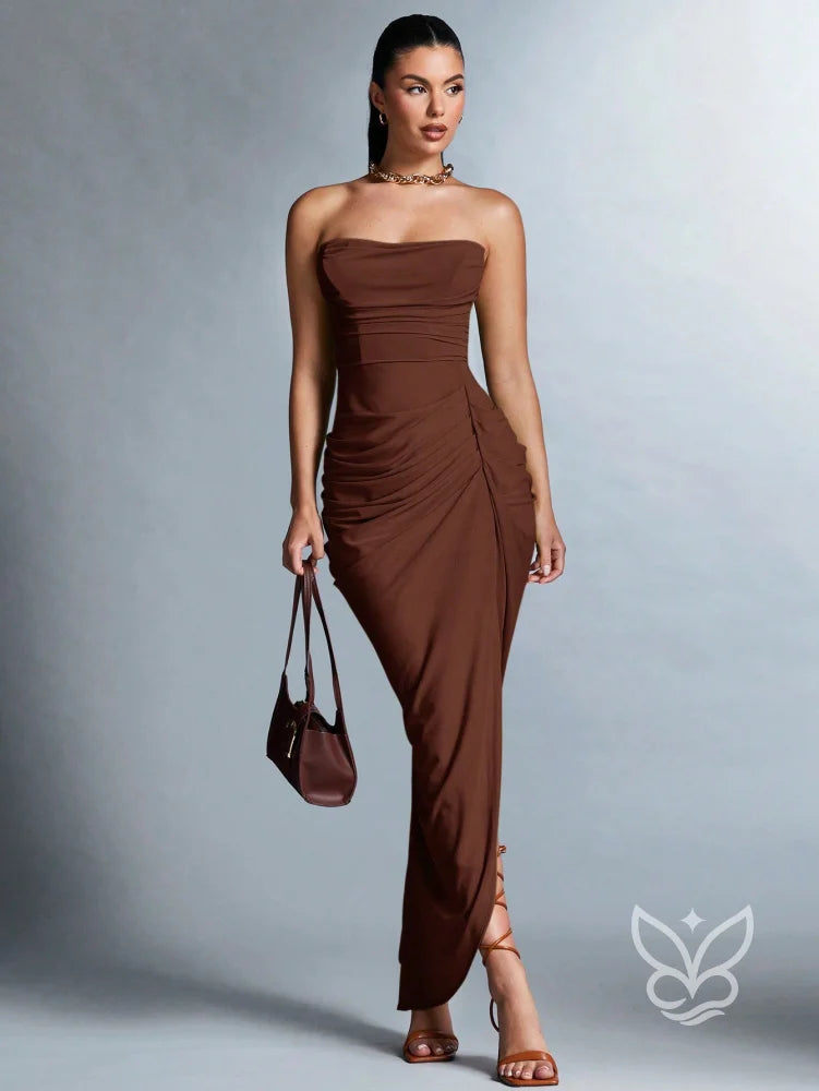 Vestido Tubinho Com Franzidos E Fenda Na Coxa Café / PP Vestido Tubinho Com Franzidos E Fenda Na Coxa