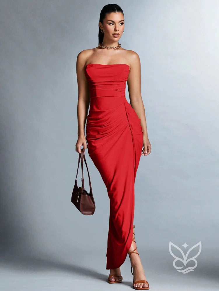 Vestido Tubinho Com Franzidos E Fenda Na Coxa Vermelho / PP Vestido Tubinho Com Franzidos E Fenda Na Coxa