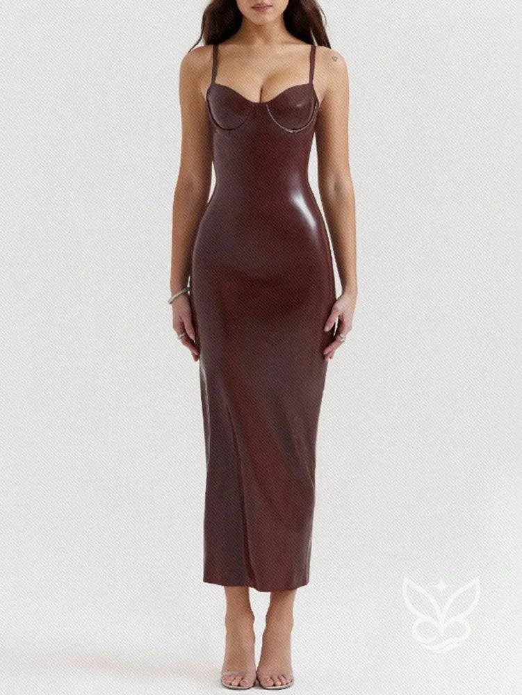 Vestido Tubinho Em Material Brilhante Com Alças Finas Vestido Tubinho Em Material Brilhante Com Alças Finas