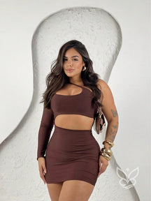 Vestido Um Ombro Só com Recorte e Fenda Frontal Marrom / P Vestido Um Ombro Só com Recorte e Fenda Frontal