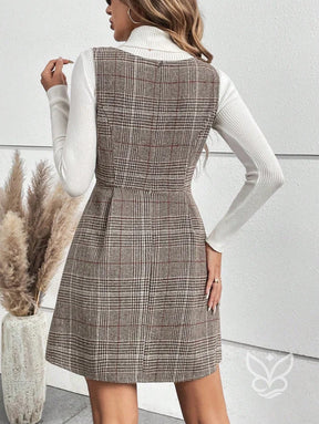 Vestido Xadrez A-Line Com Botões Frontais Decorativos Vestido Xadrez A-Line Com Botões Frontais Decorativos