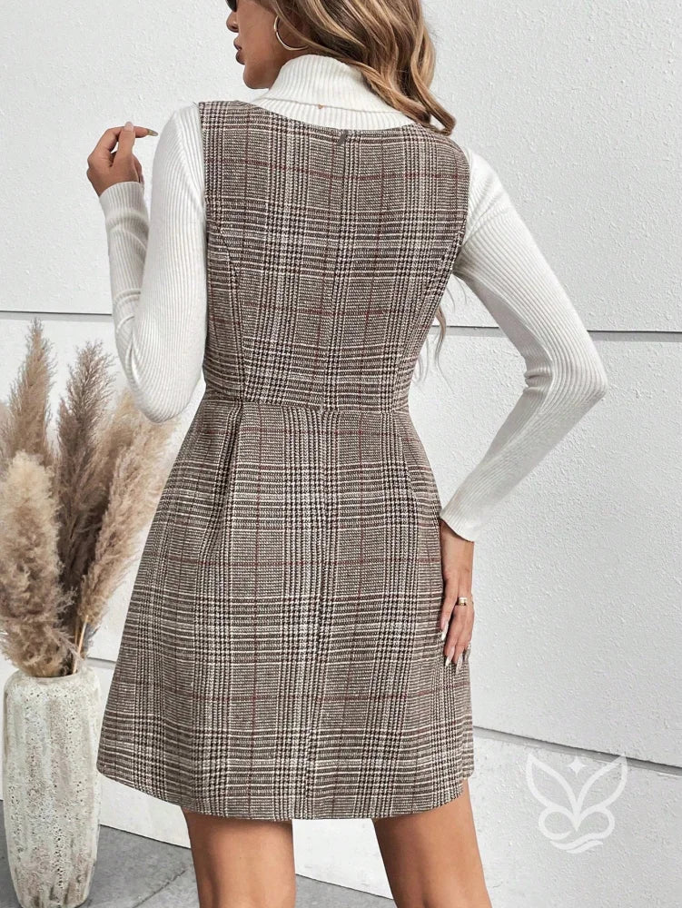 Vestido Xadrez A-Line Com Botões Frontais Decorativos Vestido Xadrez A-Line Com Botões Frontais Decorativos
