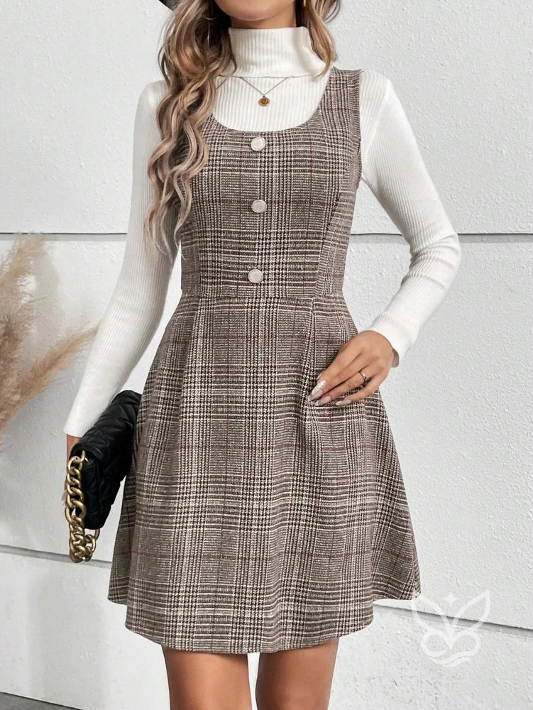 Vestido Xadrez A-Line Com Botões Frontais Decorativos Vestido Xadrez A-Line Com Botões Frontais Decorativos