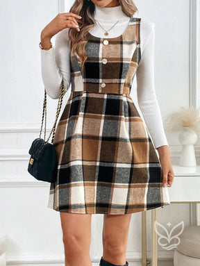 Vestido Xadrez A-Line Com Botões Frontais Decorativos Vestido Xadrez A-Line Com Botões Frontais Decorativos