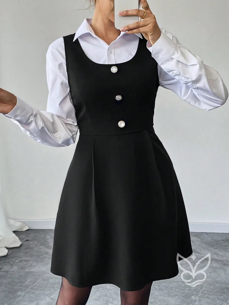Vestido Xadrez A-Line Com Botões Frontais Decorativos Vestido Xadrez A-Line Com Botões Frontais Decorativos