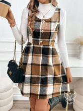 Vestido Xadrez A-Line Com Botões Frontais Decorativos Caqui / PP Vestido Xadrez A-Line Com Botões Frontais Decorativos