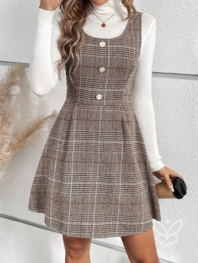 Vestido Xadrez A-Line Com Botões Frontais Decorativos Marrom Claro / PP Vestido Xadrez A-Line Com Botões Frontais