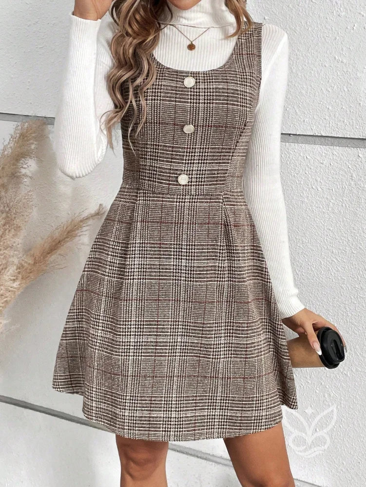 Vestido Xadrez A-Line Com Botões Frontais Decorativos Marrom Claro / PP Vestido Xadrez A-Line Com Botões Frontais